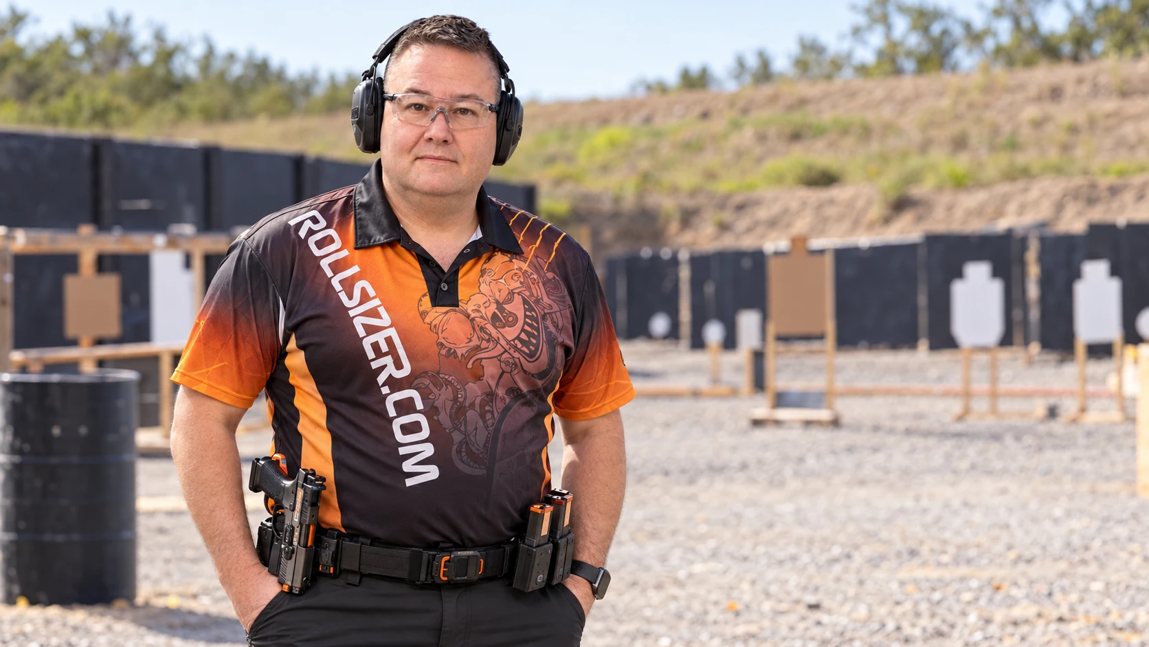 Illustrative portrait of John Stuhlmiller at an outdoor shooting range, wearing eye and ear protection, a Rollsizer shirt, and a competition belt